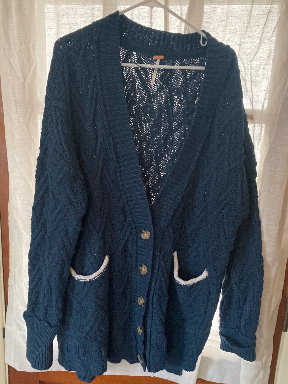 Free People Montana Cable Knit Cardigan Teal Blue Size Large